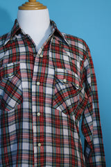 Men's vintage 1970's Washington Dee-Cee Western Wear, Made in USA label long sleeve button up plaid shirt with pearl silver snap buttons. Western style in white, red, and green colors.