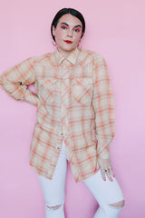 Men's or women's vintage 1970's long sleeve plaid print Western style shirt with pearl white snapper buttons and silver hardware. Light green, coral, yellow, and gold metallic colors.