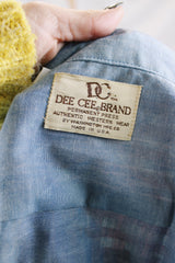 Men's vintage 1970's Dee Cee Brand, Authentic Western Wear, Made in USA long sleeve light blue chambray shirt with red and white gingham patchwork.