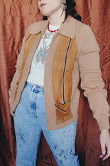 Women's or men's vintage 1970's Challenger, Made in USA label long sleeve camel brown colored zip up cardigan with a collar. Knit with suede trim on the front.