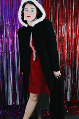 Women's vintage 1950's Consumer's Protection Label, BDW, Manufactured Under Fair Labor Standard label long sleeve long length black velvet hooded duster jacket.