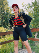 sleeveless knee length one piece unitard black and red stripes 1980's nylon spandex blend