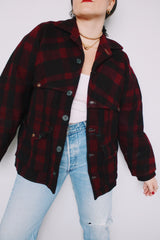 Men's or women's vintage 1960's Black Bear Brand, Union Made label long sleeve button up shacket in a size large. Plum and black all over plaid print in wool material.