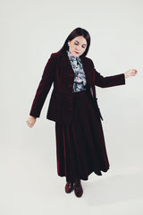 vintage maroon velvet skirt and jacket set front
