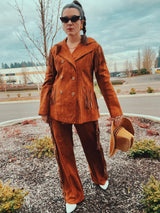 brown suede double breasted jacket and high waisted pants set each with fringe details 1970's vintage