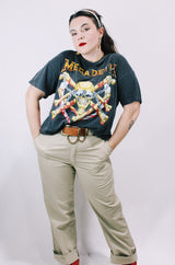 Men's or women's vintage 1991 The Brockum Group, Made in USA label black short sleeve Megadeth band tee with multicolored graphic on front and back.