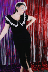 Women's vintage 1990's Jessica McClintock, Gunne Sax, Made in USA label short sleeve ankle length black velvet dress.