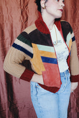 Women's vintage 1970's Organically Grown, Sweaters by Arpeja zip up sweater cardigan that is half knit acrylic and half genuine suede in multicolors.