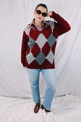 Men's or Women's vintage 1970's Pringle Intarsia, Inlaid by Hand, Made in Scotland label long sleeve cashmere material pullover sweater with V shaped neckline.