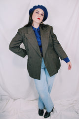 Men's or women's vintage 1980's Fintex Clothes label long sleeve brown colored double breasted blazer with button front closure and pin stripes