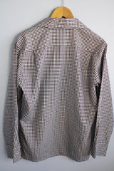 Women's or men's vintage 1970's Mr. California label long sleeve brown and white gingham print button up shirt with dagger collar and two chest pockets. Lightweight polyester material.