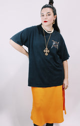 Men's or women's vintage 1990's Murina, Made in USA label short sleeve black Metallica band tee with multicolored graphic on front and back.