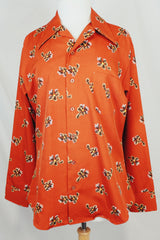 Men's or women's vintage 1970's Design Collection, Bonds label long sleeve lightweight polyester material burnt orange colored button up shirt with all over abstract floral print.