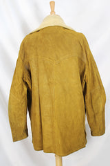 Men's or women's vintage 1960's Jo-O-Kay, Fashions in Leather by Corral Sportswear CO. label long sleeve tan brown suede jacket with cream shearling liner.