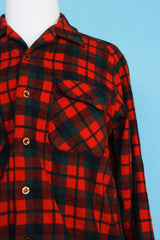 Men's or women's vintage 1960's Pendleton label long sleeve button up plaid shirt in wool material. Red and green colors.