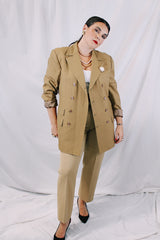 Men's or women's vintage 1970's Sax Overseas, Specially Made For Mr. R. E. Bankhead long sleeve beige colored double breasted blazer with thin pin stripes throughout.