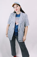 Women's vintage 1980's Requirements label short sleeve lightweight plaid print blazer in cream, white, and navy blue.