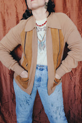 Women's or men's vintage 1970's Challenger, Made in USA label long sleeve camel brown colored zip up cardigan with a collar. Knit with suede trim on the front.
