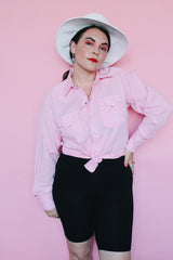 Men's or women's vintage 1970's Rockmount Ranch Wear, Denver CO, Custom Fitted, Made in USA label long sleeve baby pink western style shirt with pearly white silver popper buttons.