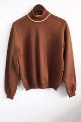 Men's or women's vintage 1960's Jantzen Limited, Made in USA label long sleeve brown colored wool material pullover sweater with a mock neck