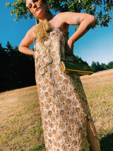 maxi length gold dress with gold metallic threaded pattern vintage 1960's