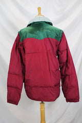 Women or men's vintage 1980's Powderhorn Mountaineering, Jackson Hole, Wyoming, USA label long sleeve puffer jacket in maroon and green.
