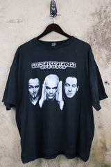 Women's or men's vintage 1999 O.B., Assembled in Mexico label short sleeve black Scorpions tour t-shirt with a colored graphic on front and back.