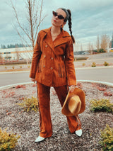brown suede double breasted jacket and high waisted pants set each with fringe details 1970's vintage