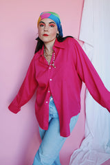 Men's or women's vintage 1970's Manhattan, Dura Brite, Torque label long sleeve hot pink button up shirt with dagger collar and clear buttons.