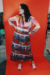 Women's vintage 1970's all over Hawaiian print ankle length maxi wrap skirt in thick quality cotton material.