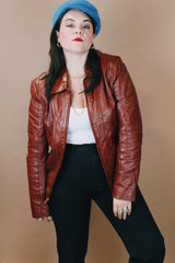 Men's or women's vintage 1970's Casablanca, For Guys - For Gals label size medium long sleeve zip up leather brown jacket with small pointy collar