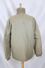 Men's or women's vintage 1970's Sir Jac label long sleeve grey colored longer length zip up bomber jacket with knit ribbed trim.