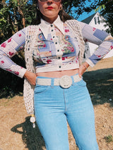 long sleeve printed cropped top blouse with collar and buttons vintage 1970's