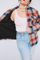 Men's or women's vintage 1970's Stage 2 label size large long sleeve button up shacket in red and blue plaid print. Fleece liner.