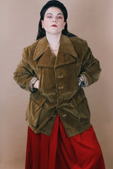 Men's or women's vintage 1970's Towncraft, Penneys, Made in Yugoslavia label size large long sleeve brown colored corduroy pea coat with button closure and pockets.