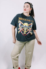 Men's or women's vintage 1991 The Brockum Group, Made in USA label black short sleeve Megadeth band tee with multicolored graphic on front and back.