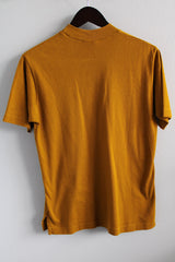 Women's or men's vintage 1980's Grand Slam by Munsingwear label short sleeve greenish brown tee with a small mock neck and penguin embroidery in a cotton and polyester material.