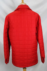 Men's or women's vintage 1980's Minnesota Woolen, Amalgamated Workers of America label long sleeve red nylon quilted lightweight puffy jacket with popper buttons.