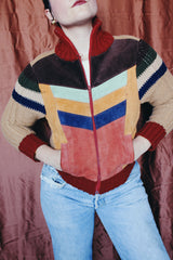 Women's vintage 1970's Organically Grown, Sweaters by Arpeja zip up sweater cardigan that is half knit acrylic and half genuine suede in multicolors.