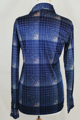 Men's or women's vintage 1970's Chemise Et Cie label long sleeve navy button up shirt with dagger collar and all over multi colored abstract print in slinky shiny polyester material.