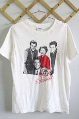 Women's or men's vintage 1990's Hanes, Made in USA label short sleeve white graphic tee in cotton material. Graphic of 1950's show The Adventures of Ozzie and Harriet.