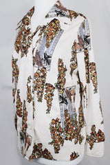 Women's vintage 1970's matching novelty print sleeveless tank top and button up blouse with dagger collar. All over novelty print in white and brown colors.