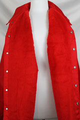 Men's or women's vintage 1980's Swingster, World of Wearables label long sleeve lightweight Nylon red windbreaker with popper buttons up the front, a patch, and furry fleece liner