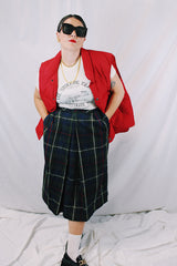 Women's vintage 1980's Dalton, Union Made, Made in USA label midi length plaid printed skirt in navy with white and red stripes.