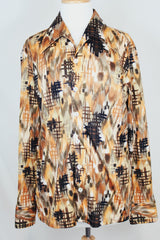 Men's vintage 1970's D'Avila label long sleeve button up shirt in all over abstract orange and green abstract print in slinky polyester material.