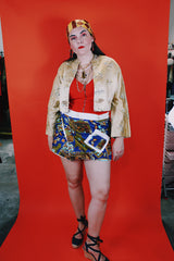 Women's vintage 1960's Dynasty Trade Mark label long sleeve cropped satin silk like robe jacket with all over print and fabric closures.