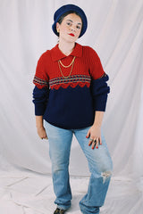 Men's or women's vintage 1970's Kingsport label long sleeve pullover sweater in burnt orange and navy. Built on matching collar. Soft acrylic material.