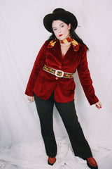 Women's vintage 1980's The Gathering, Sears label long sleeve burnt orange velvet blazer with button front closure and double lapel.