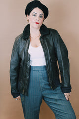 Men's vintage 1960's Jacket, Flyer's, Intermediate Type G-1 (from the Vietnam War) size medium chocolate brown zip up bomber leather jacket with faux fur trim collar.