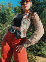 sheer cropped button up blouse with collar and ruched cuffs and hems women's retro 1990's